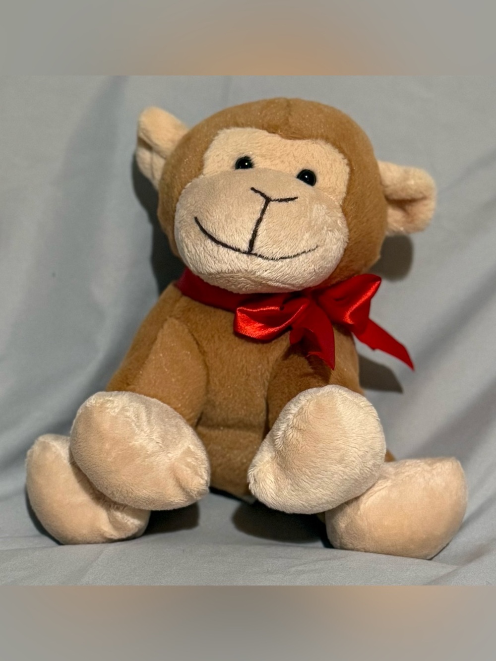 Plush Monkey Stuffed Animal with Red Bow - Soft Brown Kids Toy